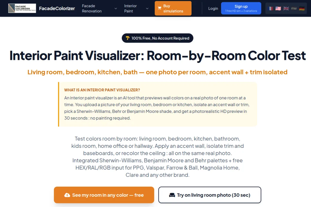 FacadeColorizer Interior Paint Visualizer landing page, room-by-room color test with real Sherwin-Williams, Benjamin Moore and Behr palettes and HEX, RAL, RGB input
