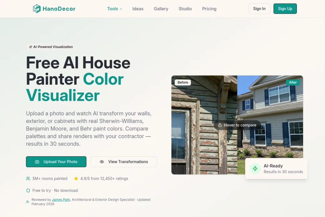 HanoDecor free AI house painter color visualizer landing page, using real Sherwin-Williams, Benjamin Moore and Behr paint colors on walls, exteriors and cabinets
