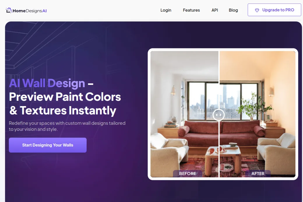 HomeDesigns.AI Wall AI landing page, preview paint colors and textures instantly, an AI wall design tool that supports custom materials and wallpaper