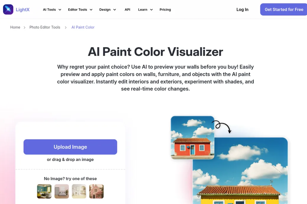LightX AI Paint Color Visualizer landing page, preview and apply paint colors on walls, furniture and objects with an AI brush inside a full photo editor
