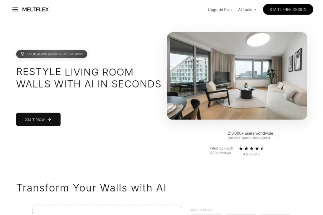 MeltFlex AI Wall Texture landing page, restyle living room walls with AI in seconds, the best AI wall color and texture tool tested for 2026