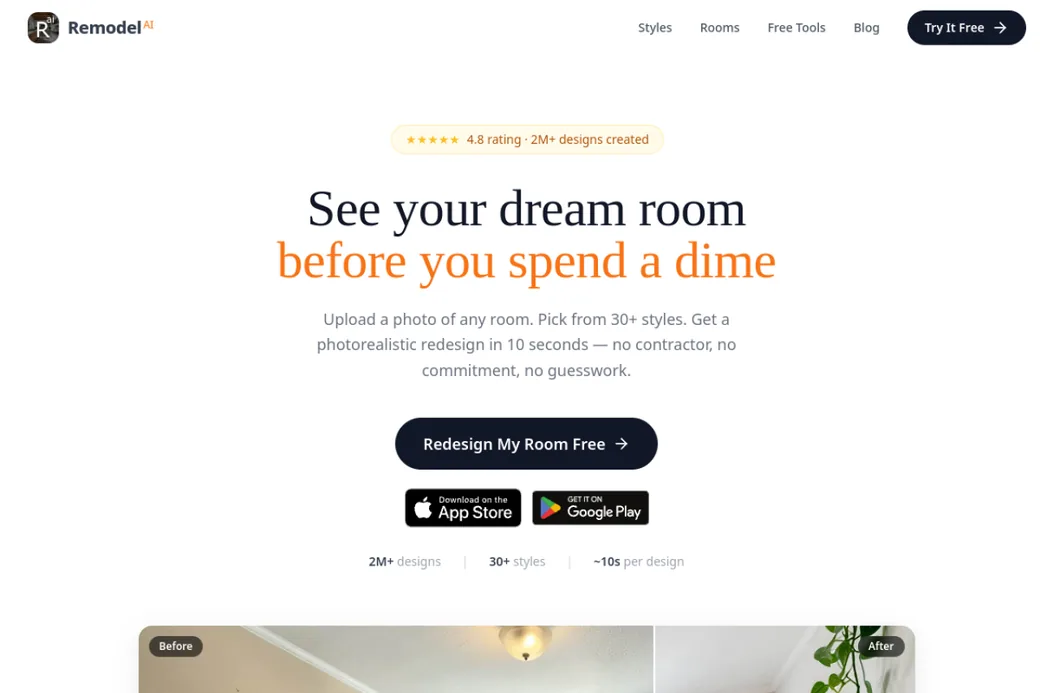 Remodel AI landing page, see your dream room before you spend a dime, a free AI tool that previews wall paint colors across the whole room