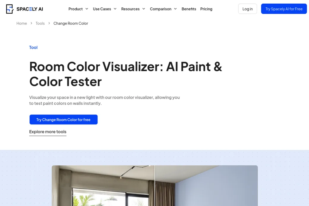 Spacely AI Room Color Visualizer landing page, an AI paint and color tester aimed at interior design professionals and commercial use