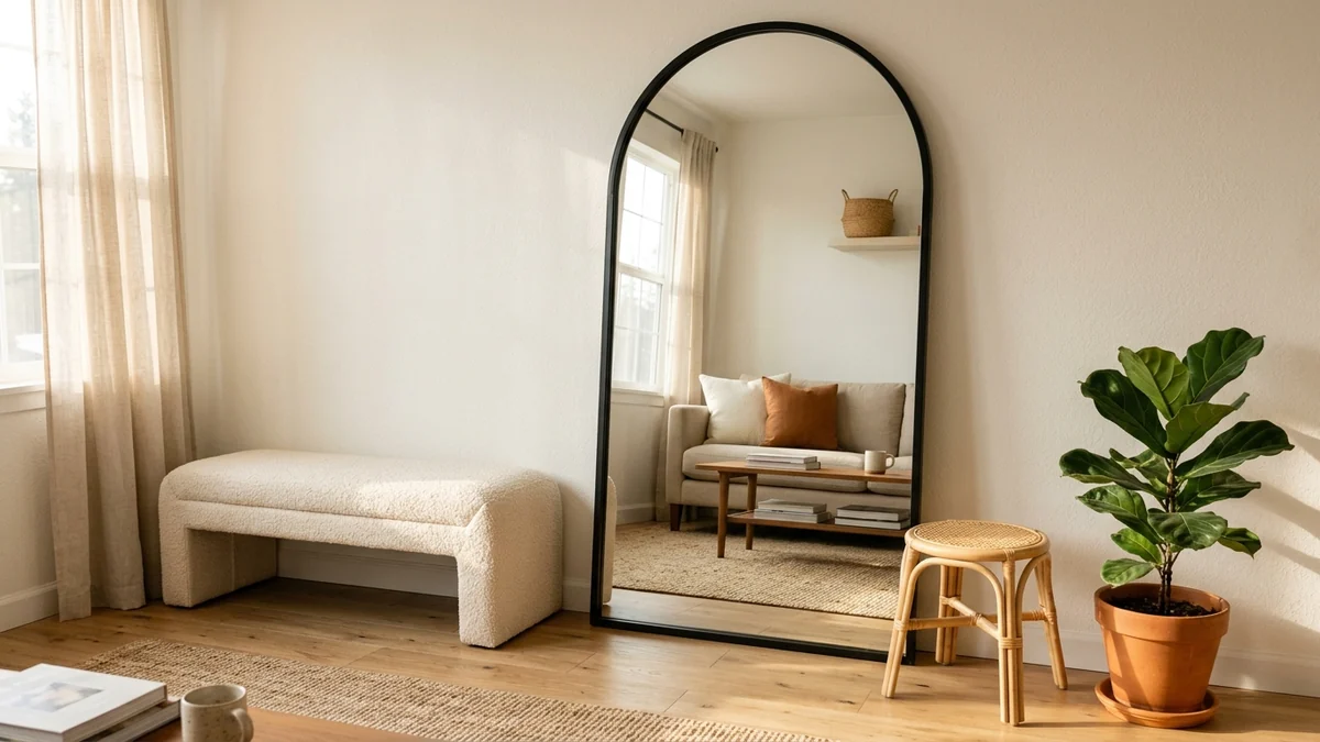 A large black metal arched full-length mirror leaning against a warm white wall, reflecting the room and making a small apartment feel bigger, with a boucle bench and a plant beside it