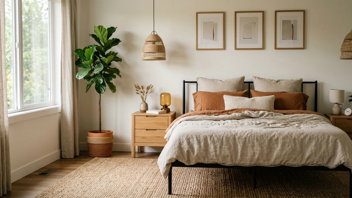A modern bedroom with a black metal platform bed, oatmeal and rust linen bedding, oak nightstands, a woven pendant light and a jute rug
