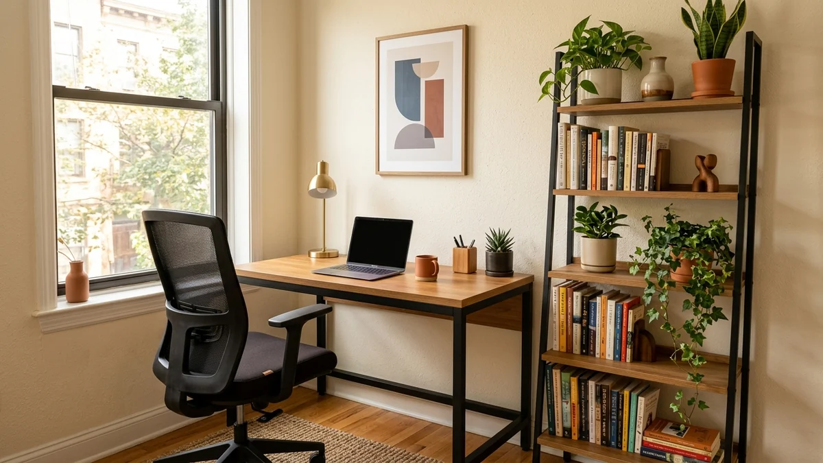 A compact home office with a warm oak and black metal writing desk, a matching black metal bookshelf styled with books and plants, and an ergonomic chair