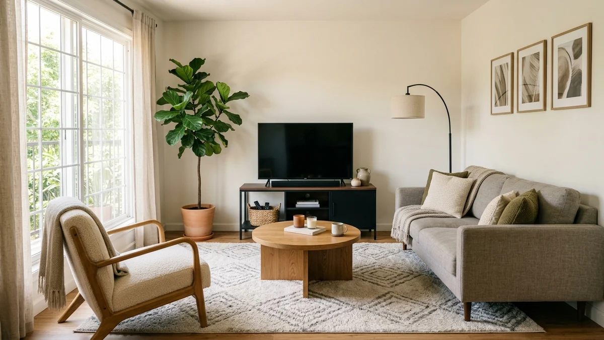 An affordable modern living room with a beige linen sofa, a black metal and wood media console, a boucle accent chair, a round wood coffee table and a jute rug