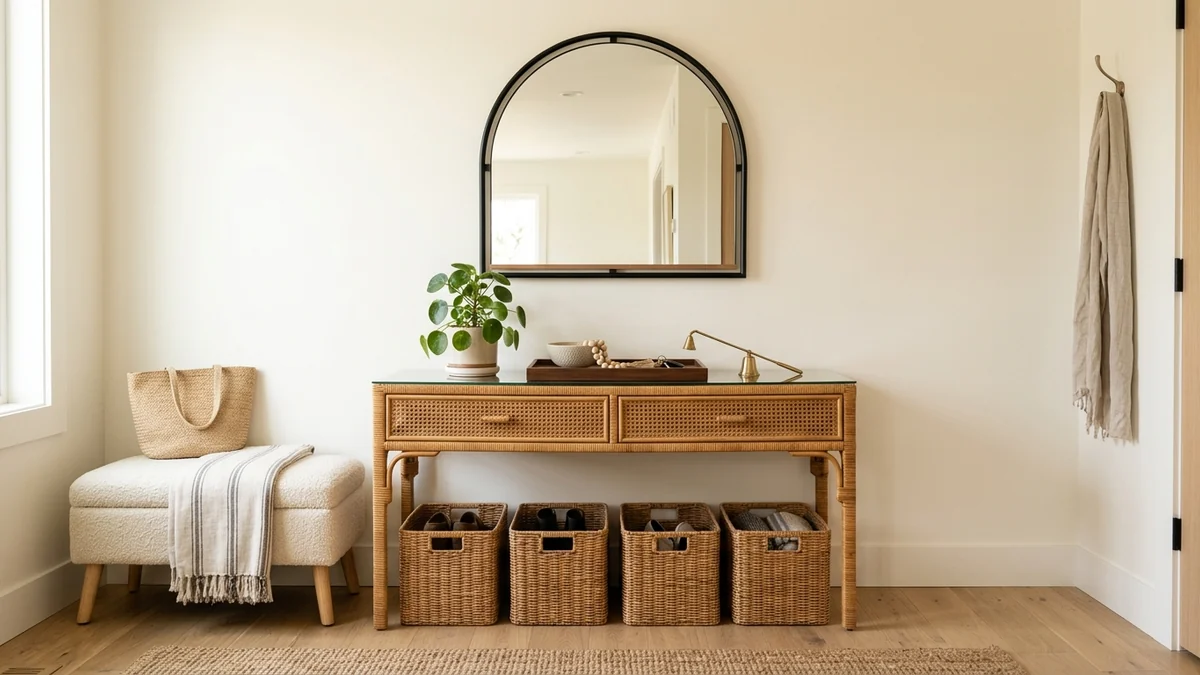 A styled entryway with a rattan and glass-top storage console, woven baskets underneath, a round black arched mirror above and a small boucle bench
