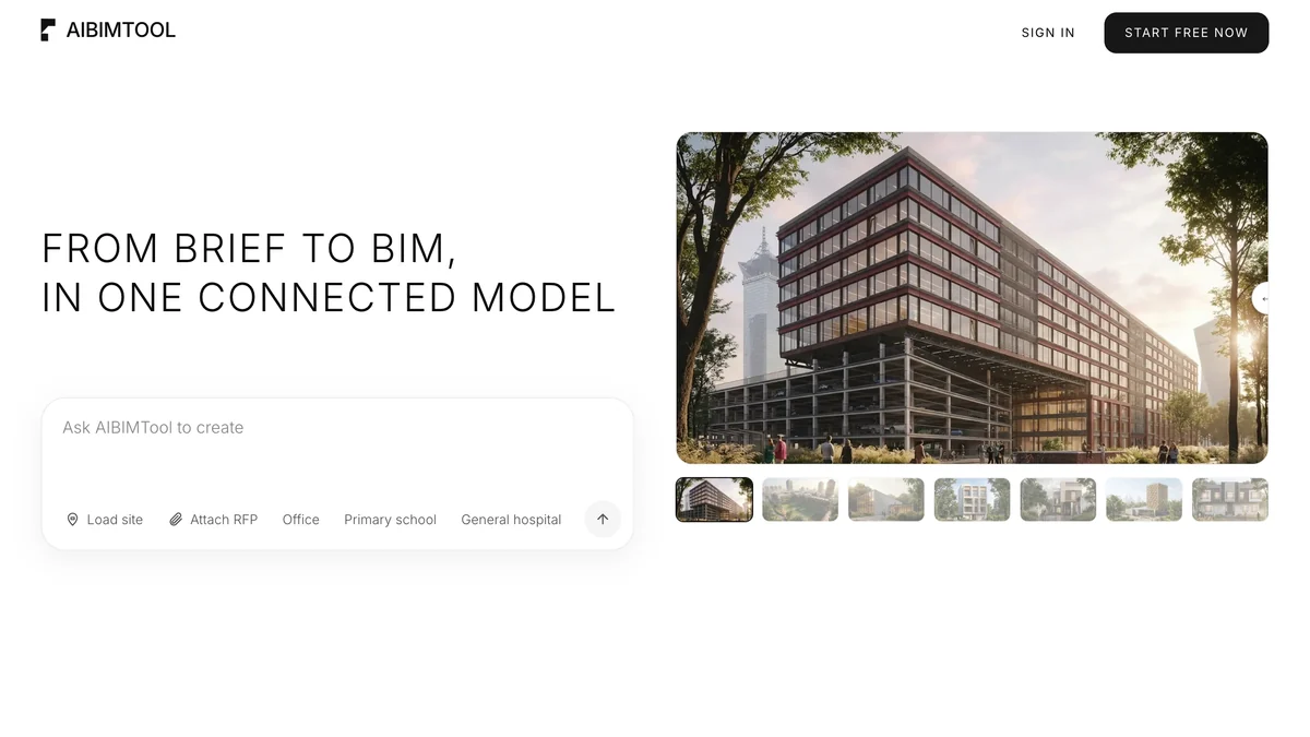 AIBIMTool homepage: From brief to BIM, in one connected model, with a prompt box offering Load site, Attach RFP, Office, Primary school and General hospital, and a rendered office building