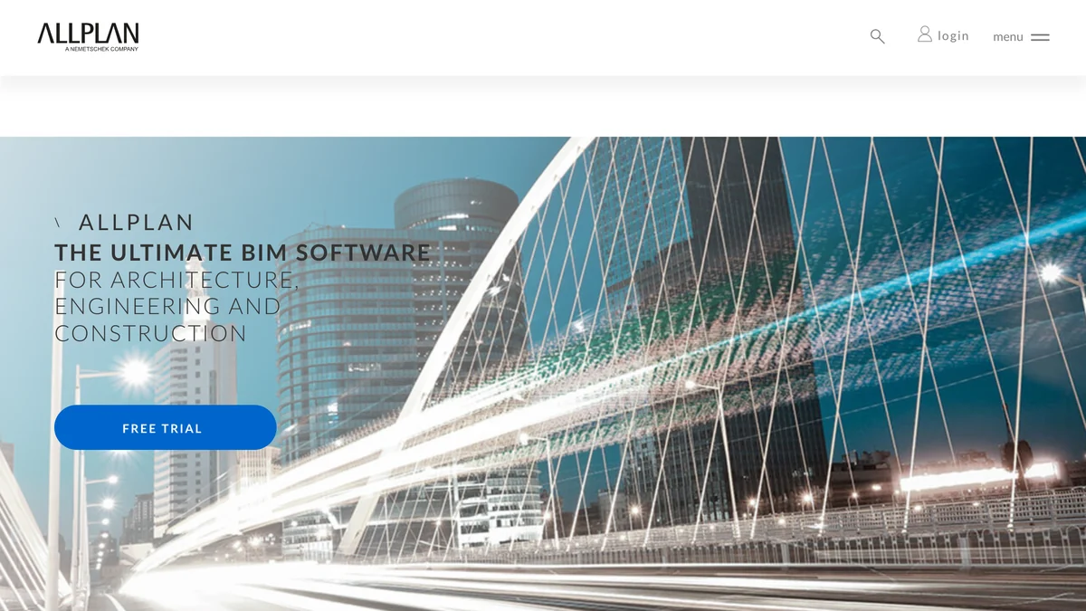 Allplan homepage: The ultimate BIM software for architecture, engineering and construction, with a free trial button over a bridge at night