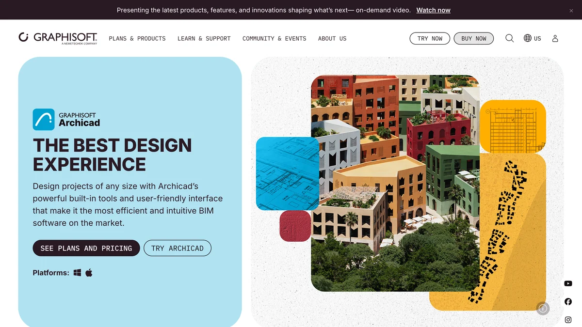 Graphisoft Archicad homepage: The best design experience, with See plans and pricing and Try Archicad buttons and macOS and Windows platform icons