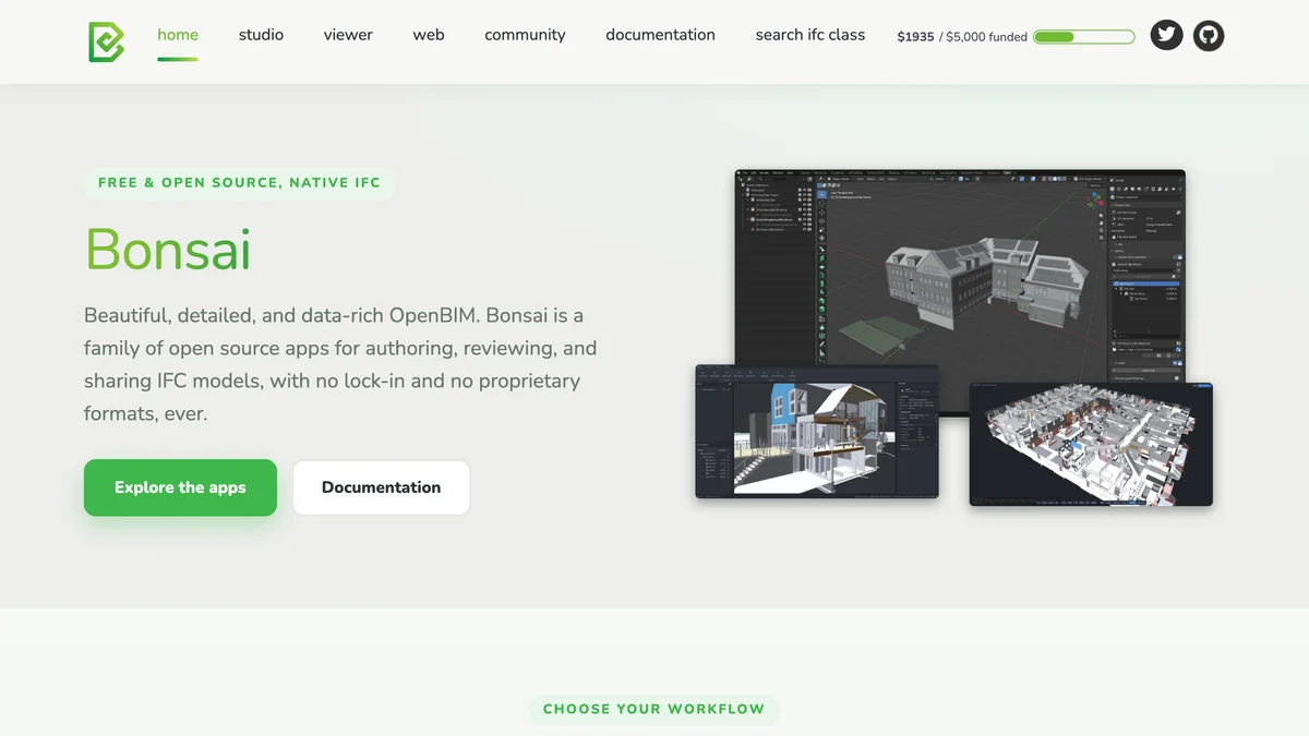Bonsai homepage: free and open source native IFC, beautiful, detailed and data-rich OpenBIM, with Explore the apps and Documentation buttons