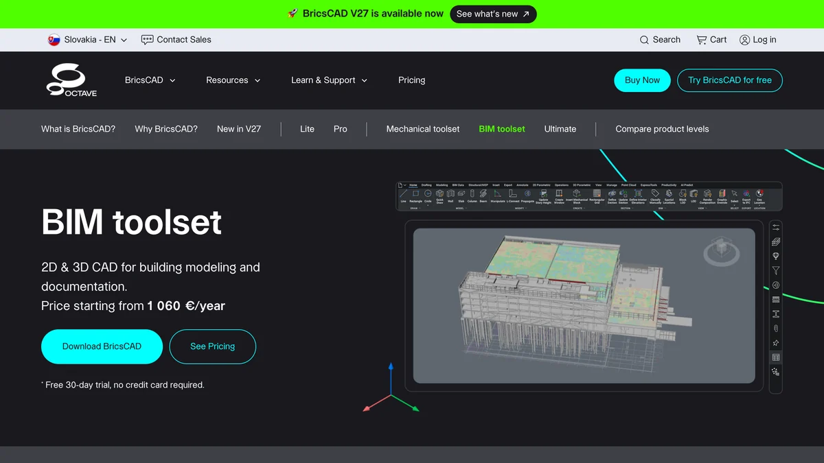 BricsCAD BIM toolset page: 2D and 3D CAD for building modeling and documentation, price starting from 1,060 euros a year