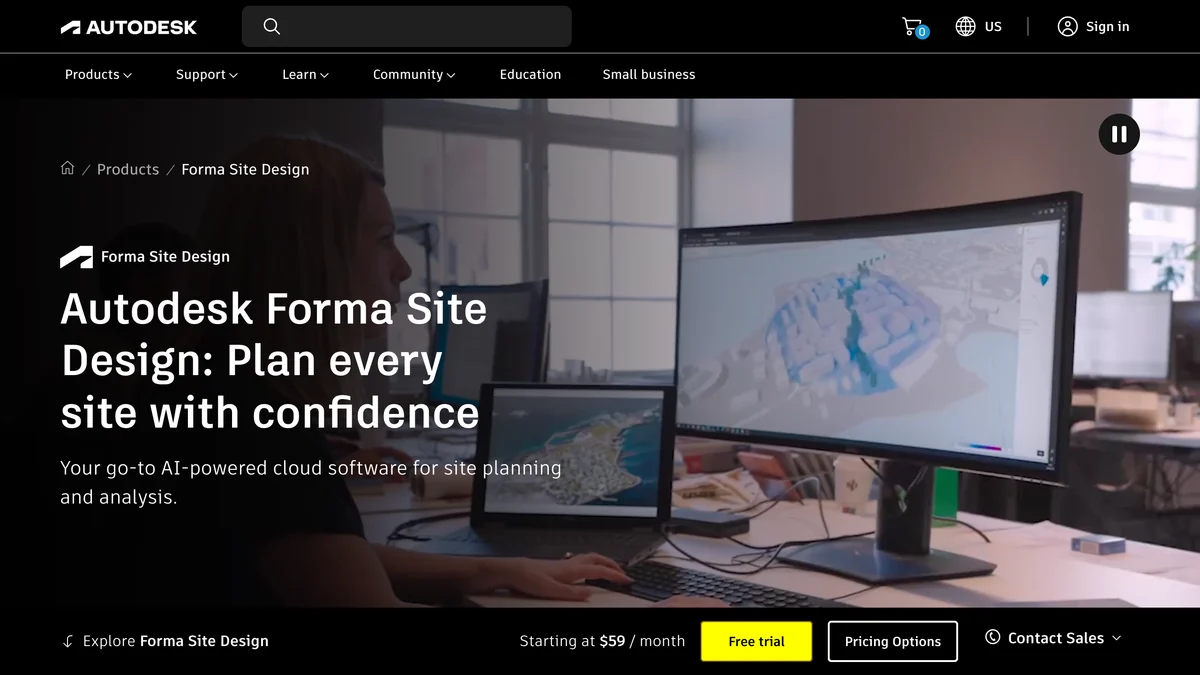 Autodesk Forma Site Design page: Plan every site with confidence, your go-to AI-powered cloud software for site planning and analysis, starting at $59 a month