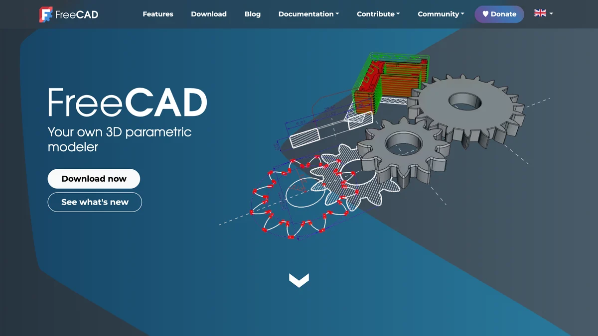 FreeCAD homepage: Your own 3D parametric modeler, with Download now and See what is new buttons