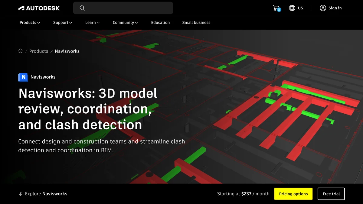 Autodesk Navisworks page: 3D model review, coordination, and clash detection, starting at $237 a month