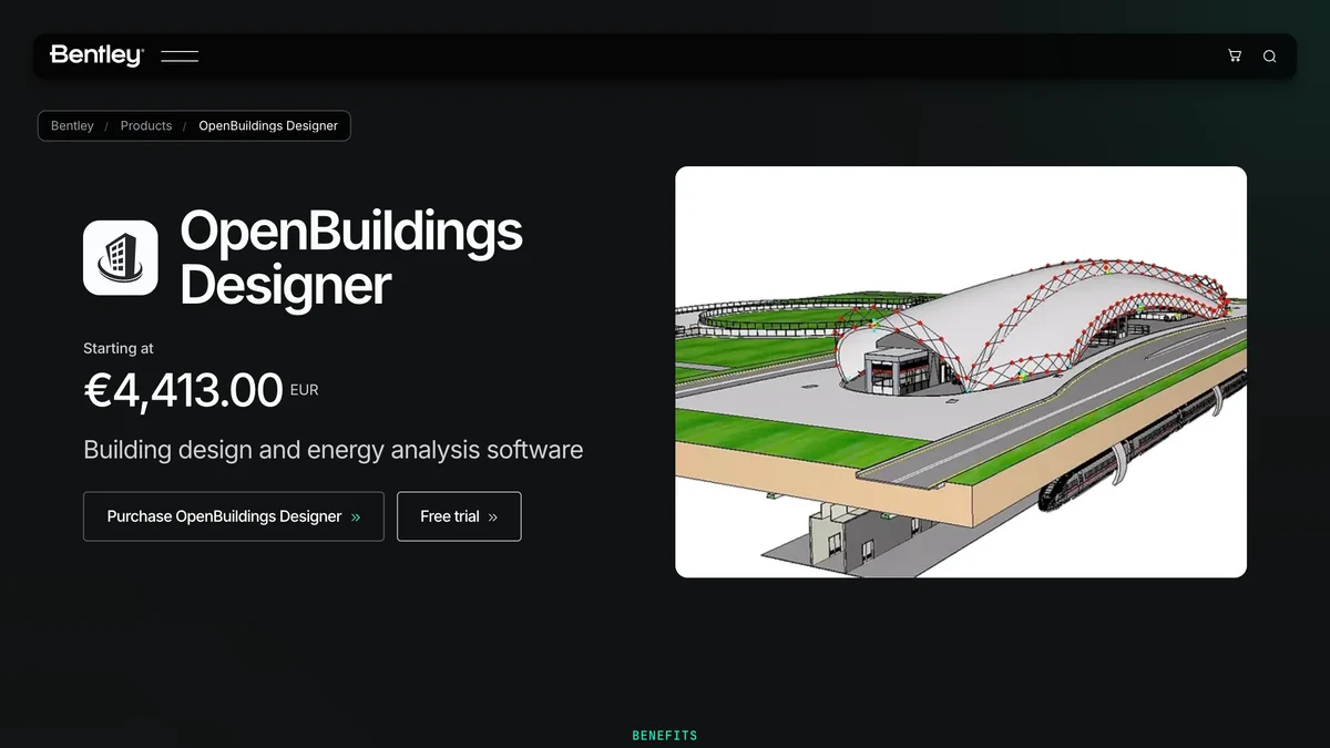 Bentley OpenBuildings Designer page: starting at 4,413 euros, building design and energy analysis software, with purchase and free trial buttons