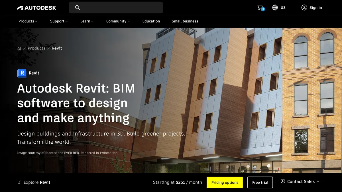 Autodesk Revit homepage: Autodesk Revit, BIM software to design and make anything, starting at $251 a month with a free trial button
