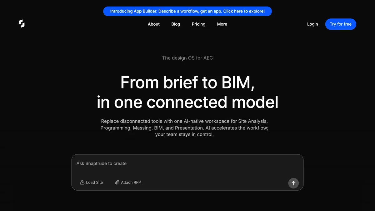 Snaptrude homepage: From brief to BIM, in one connected model, with an Ask Snaptrude to create prompt box and Load site and Attach RFP options