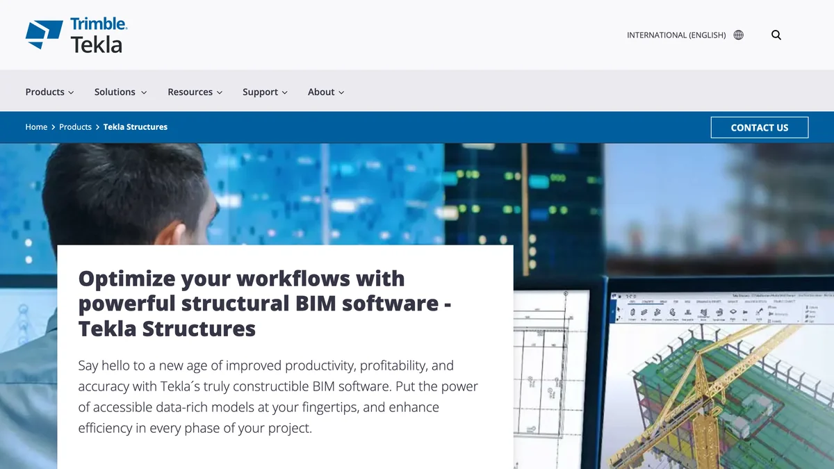 Trimble Tekla Structures page: Optimize your workflows with powerful structural BIM software, with a start free 30-day trial button