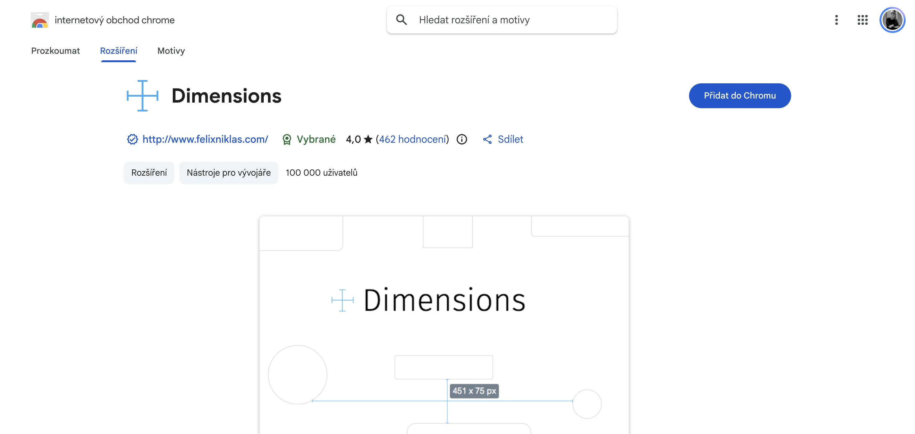 Dimensions Chrome extension page showing alt-hover measurement tool, distance calculator between elements