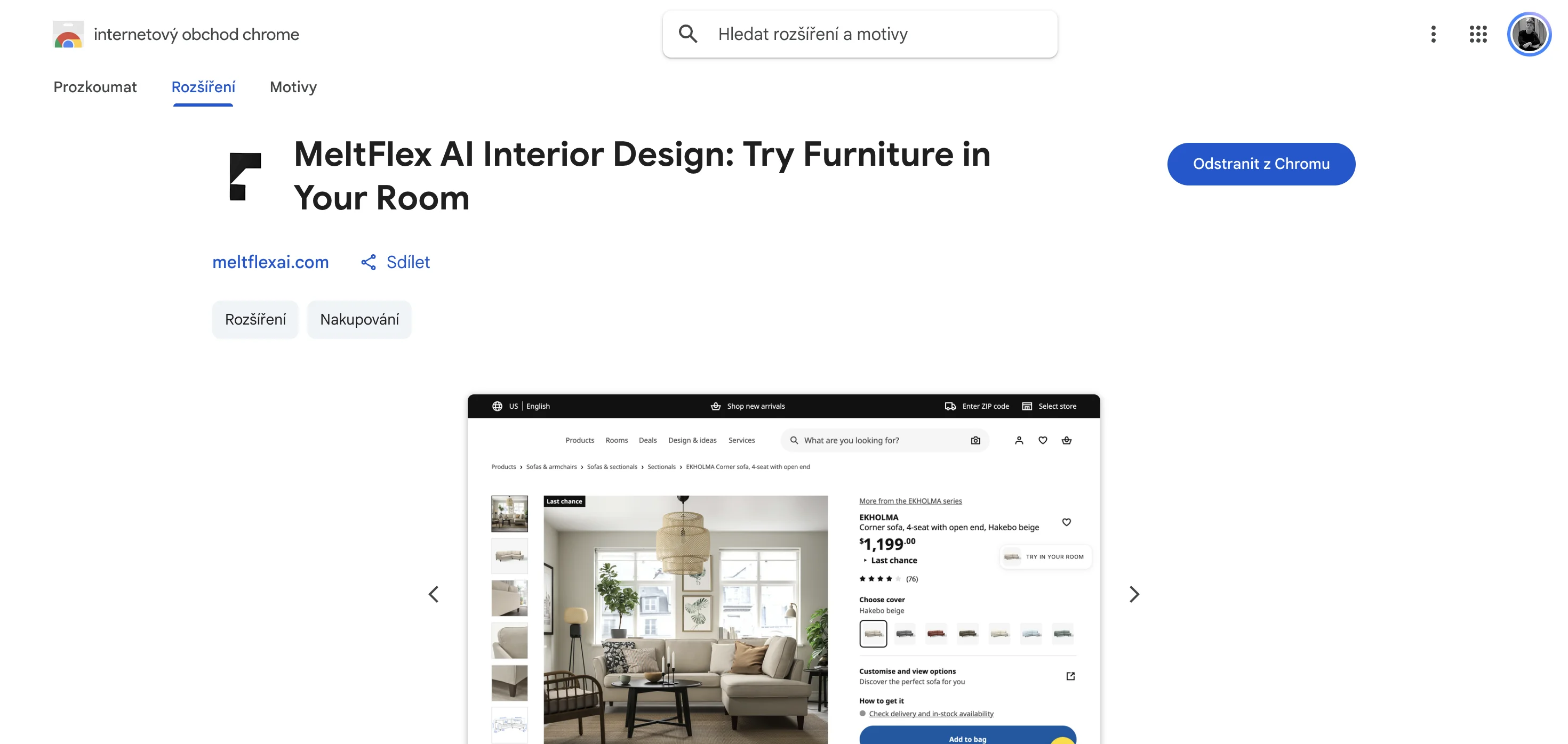 MeltFlex AI Interior Design Chrome extension page showing 5-star rating, furniture visualization features, and Try in your room functionality