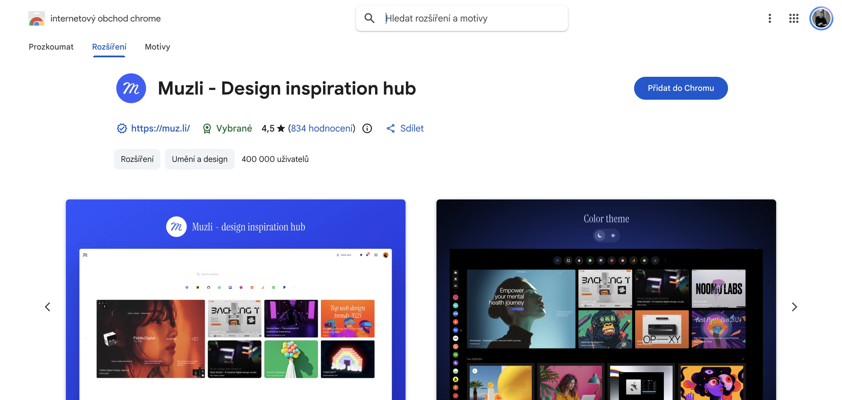 Muzli Chrome extension page showing design inspiration hub, curated feeds, and new tab dashboard features