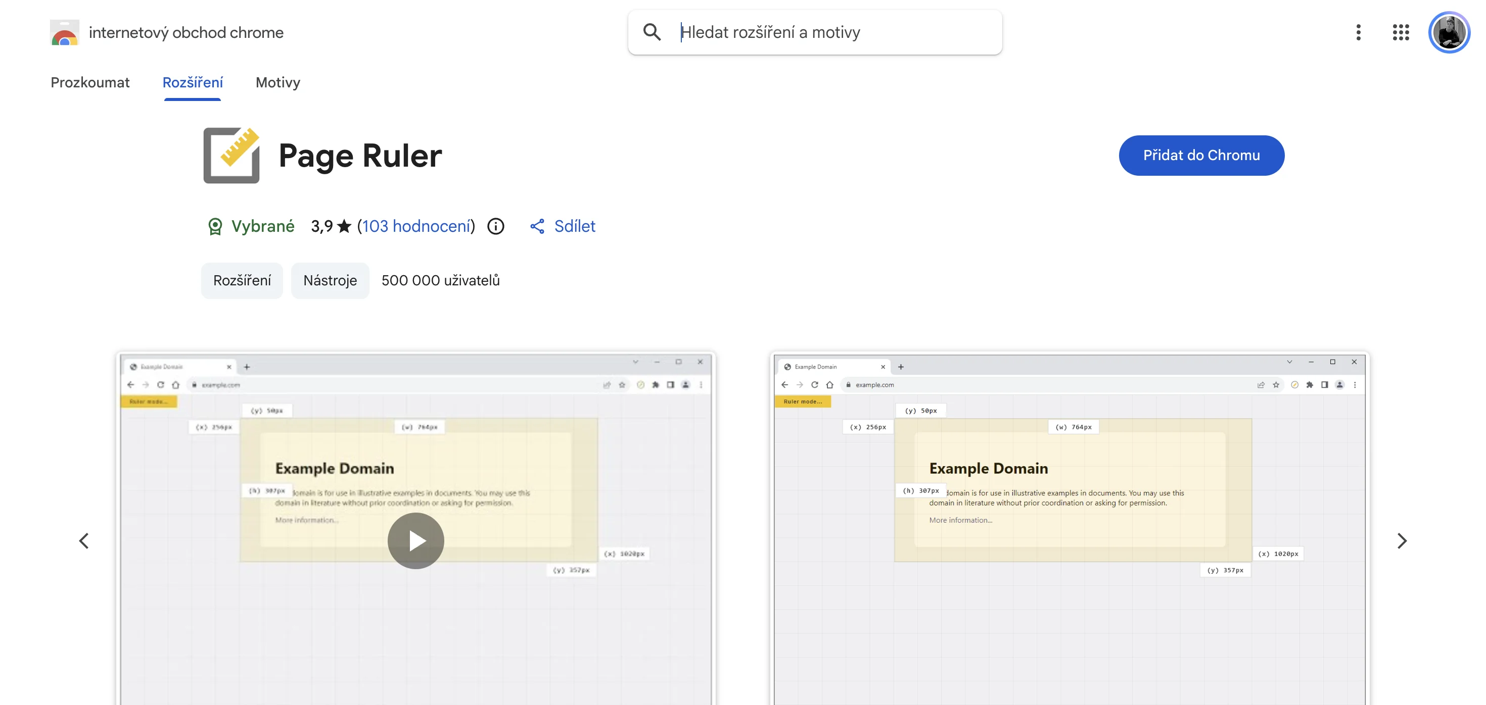Page Ruler Chrome extension page showing pixel measurement tool, element sizing, and spacing measurement features