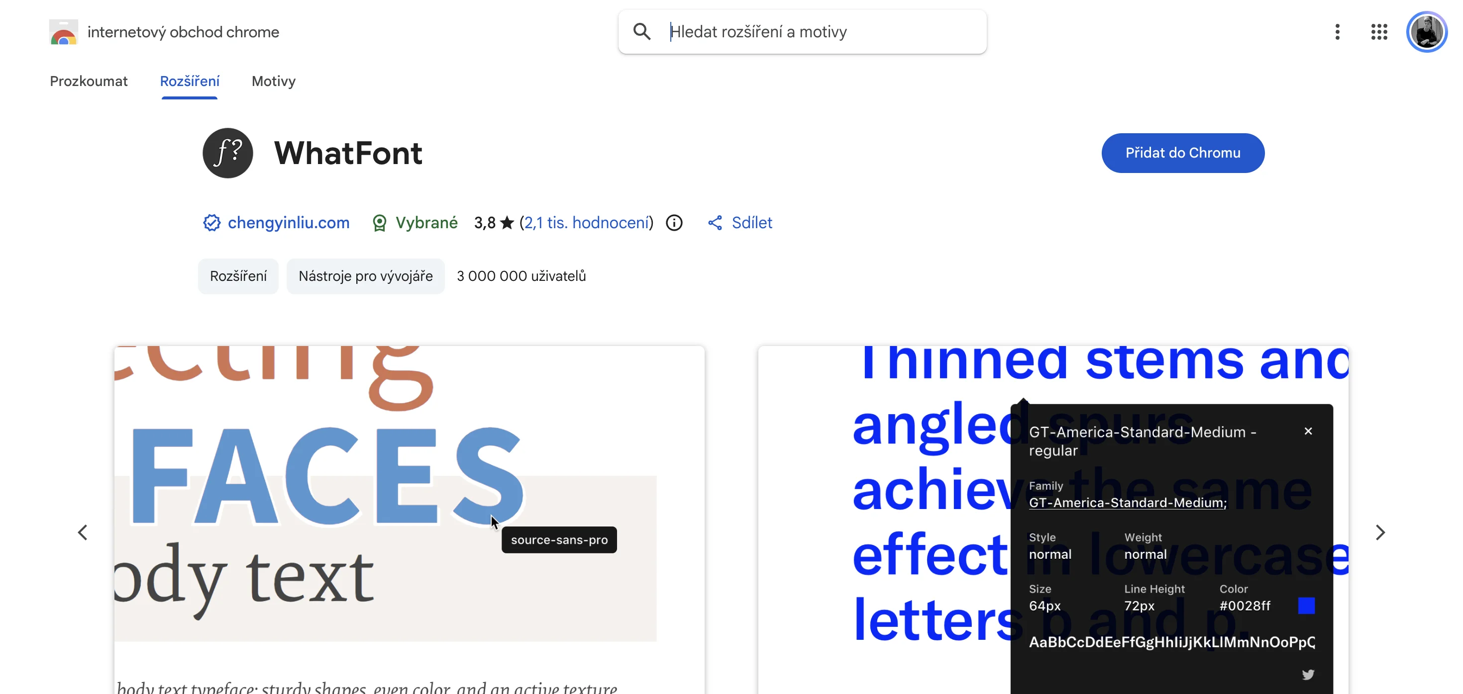 WhatFont Chrome extension page showing font identification tool, hover to detect font family and size features