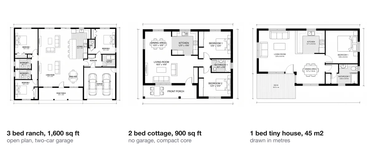 Three labelled 2D floor plans generated from written briefs: a 3 bed 1,600 square foot ranch with an open plan and two-car garage, a 2 bed 900 square foot cottage with no garage, and a 1 bed 45 square metre tiny house drawn in metres