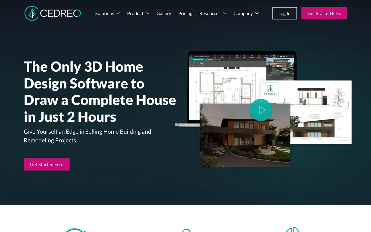 The Cedreo home page in August 2026, home design software aimed at home builders and remodelers, showing 2D plans and 3D renderings