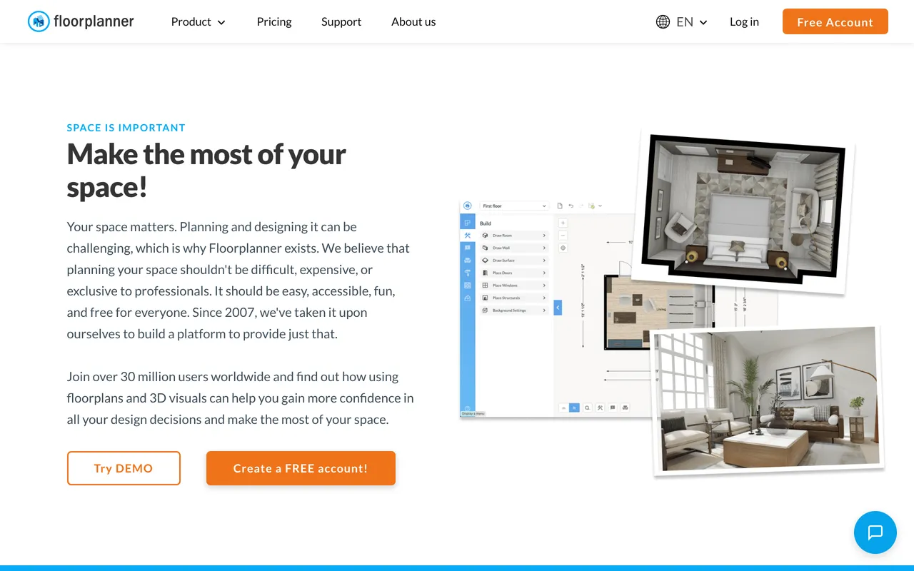 The Floorplanner home page in August 2026 showing its online floor plan editor and 2D and 3D output examples