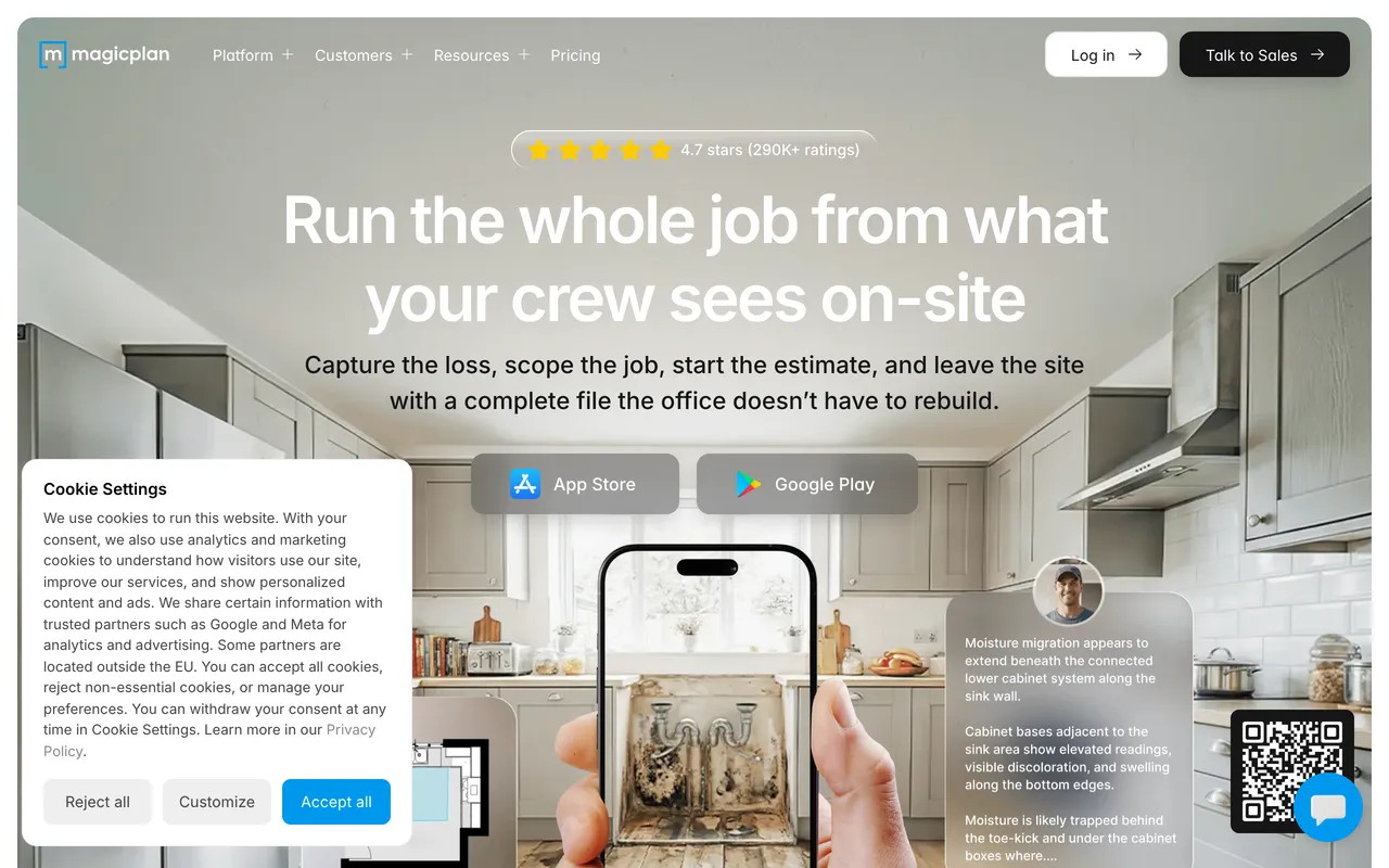 The magicplan home page in August 2026 showing the mobile app that scans rooms and produces floor plans, estimates and field reports
