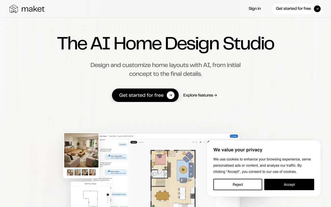The Maket.ai home page in August 2026 showing generative design software that creates residential floor plan options from constraints