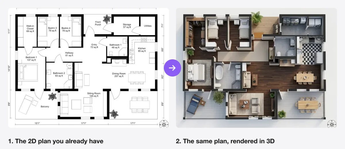 A 2D floor plan with labelled rooms and dimensions on the left, and the same plan rendered as a furnished top down 3D model on the right