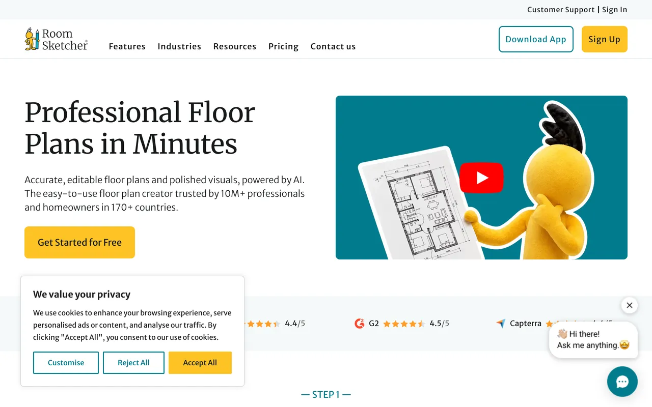 The RoomSketcher home page in August 2026, headline Professional Floor Plans in Minutes, with a Get Started for Free button and Trustpilot, G2 and Capterra rating badges