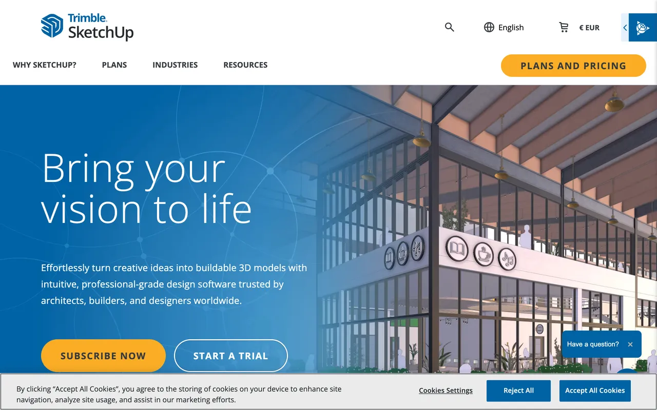 The SketchUp plans and pricing page in August 2026 showing the Go, Pro and Studio subscription tiers