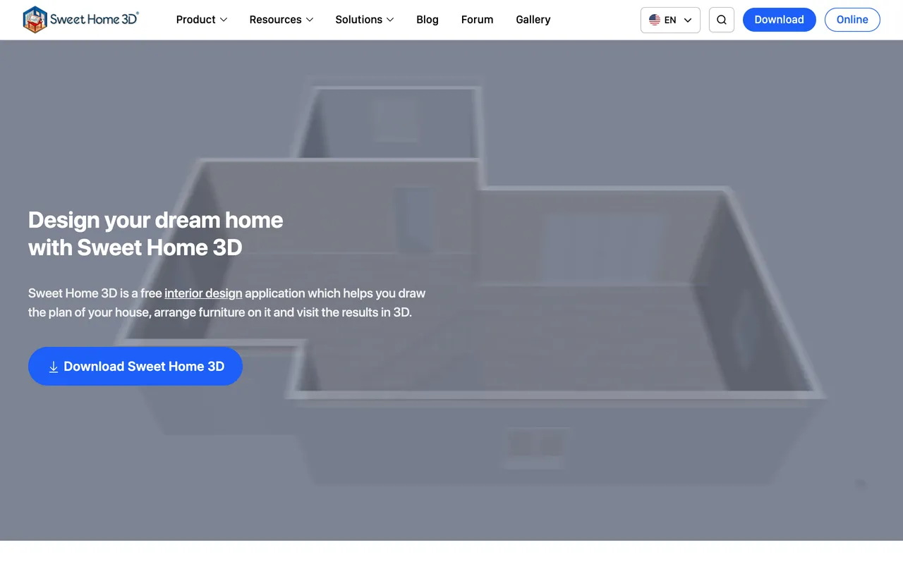 The Sweet Home 3D website in August 2026 showing the free open source interior design application with its 2D plan and 3D view
