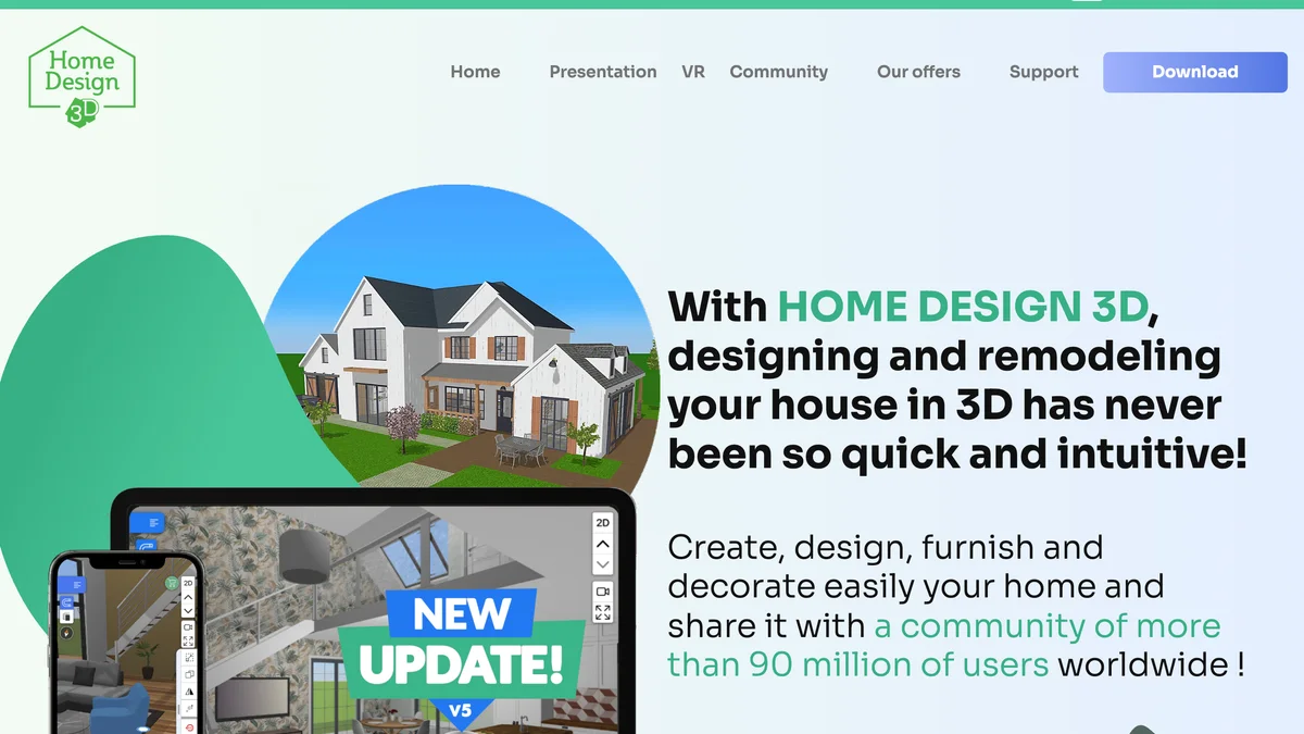 Home Design 3D website showing the Outdoor and Garden edition with a 3D garden model