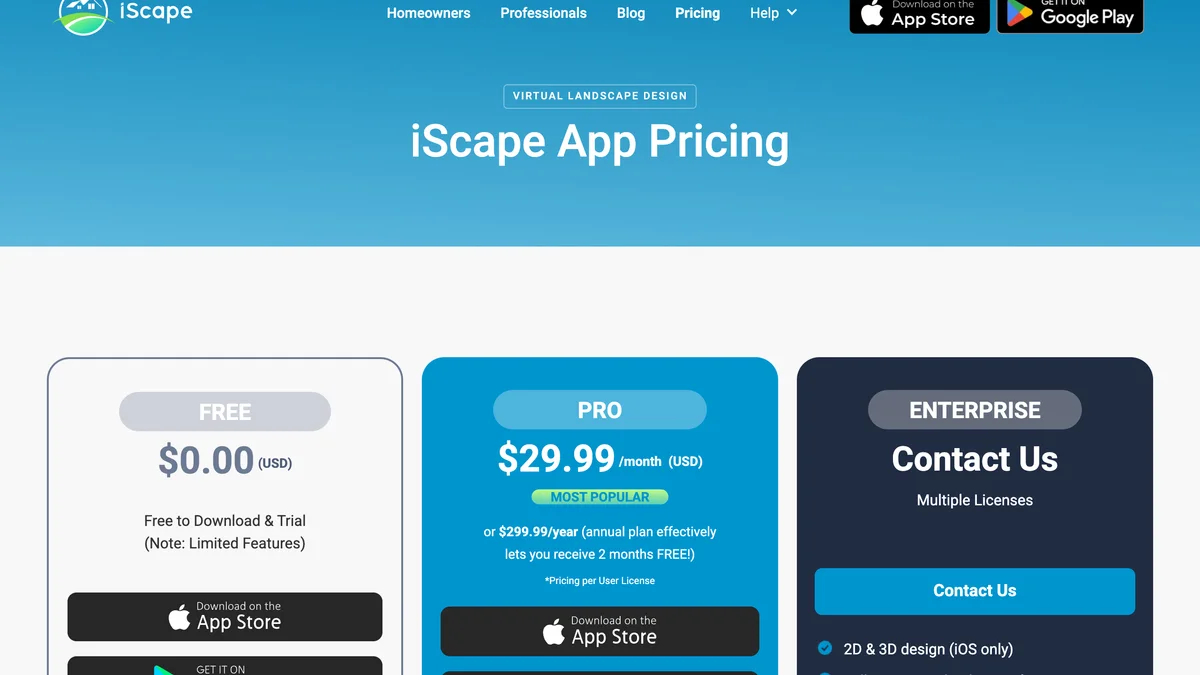 iScape pricing page showing the free plan, the Pro plan at 29.99 dollars a month or 299.99 a year, and an enterprise tier