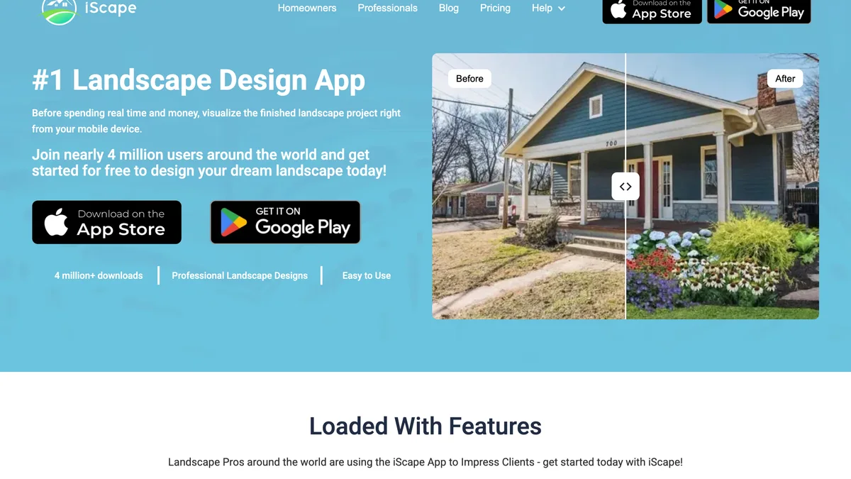 iScape landscape design app homepage showing a yard photo with plants and hardscape placed on it