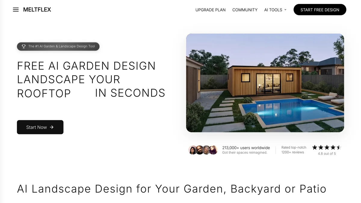 MeltFlex garden design tool page with a before and after of a real backyard