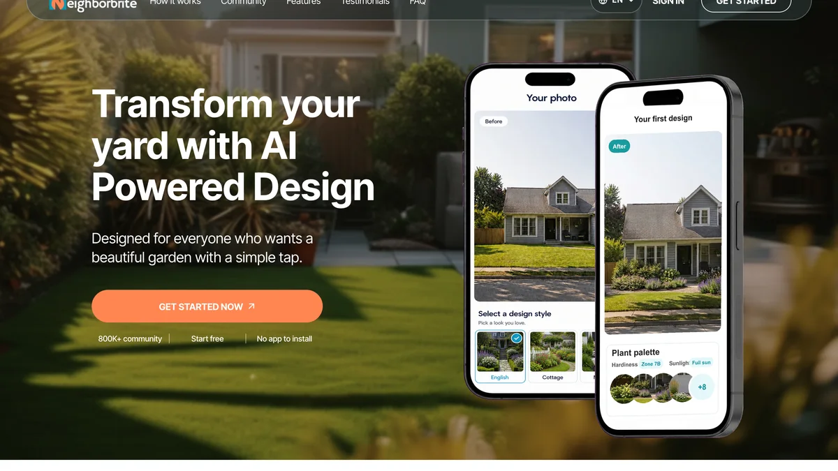 Neighborbrite AI landscape design website showing a yard photo transformed into a designed garden