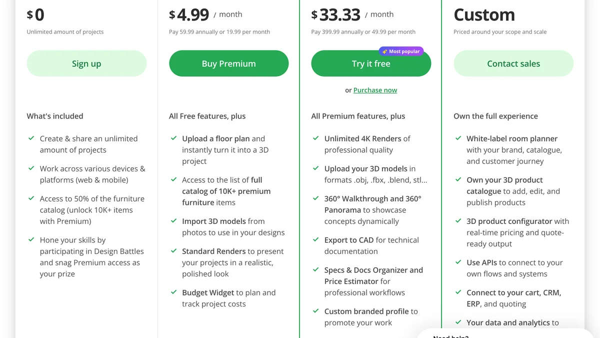 Planner 5D pricing page showing free, Premium and Professional plans with monthly and annual prices