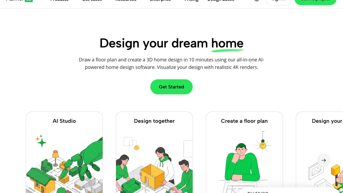 Planner 5D homepage with a 3D home and garden layout