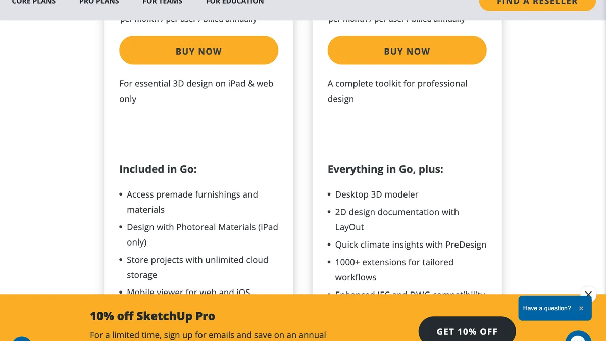 SketchUp plans and pricing page showing Go, Pro and Studio plans with annual prices