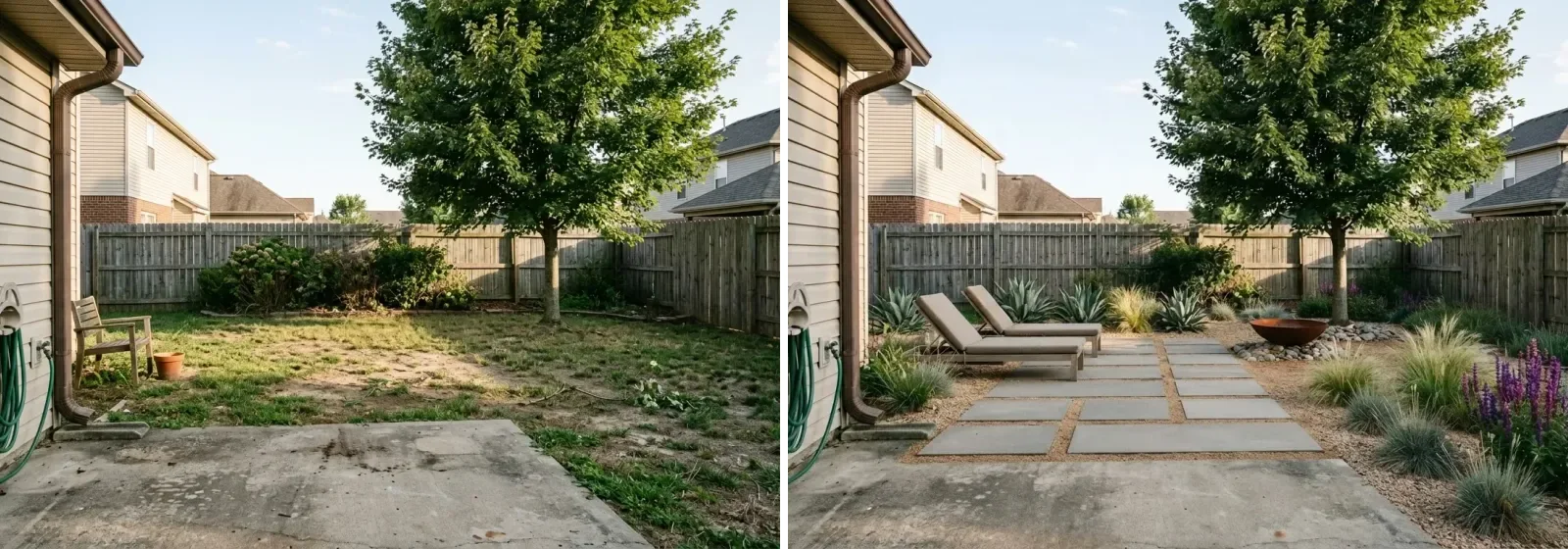 A plain suburban backyard with patchy lawn and a wooden fence on the left, and the same yard redesigned as a modern low-water garden with gravel, pavers, grasses and a fire bowl on the right