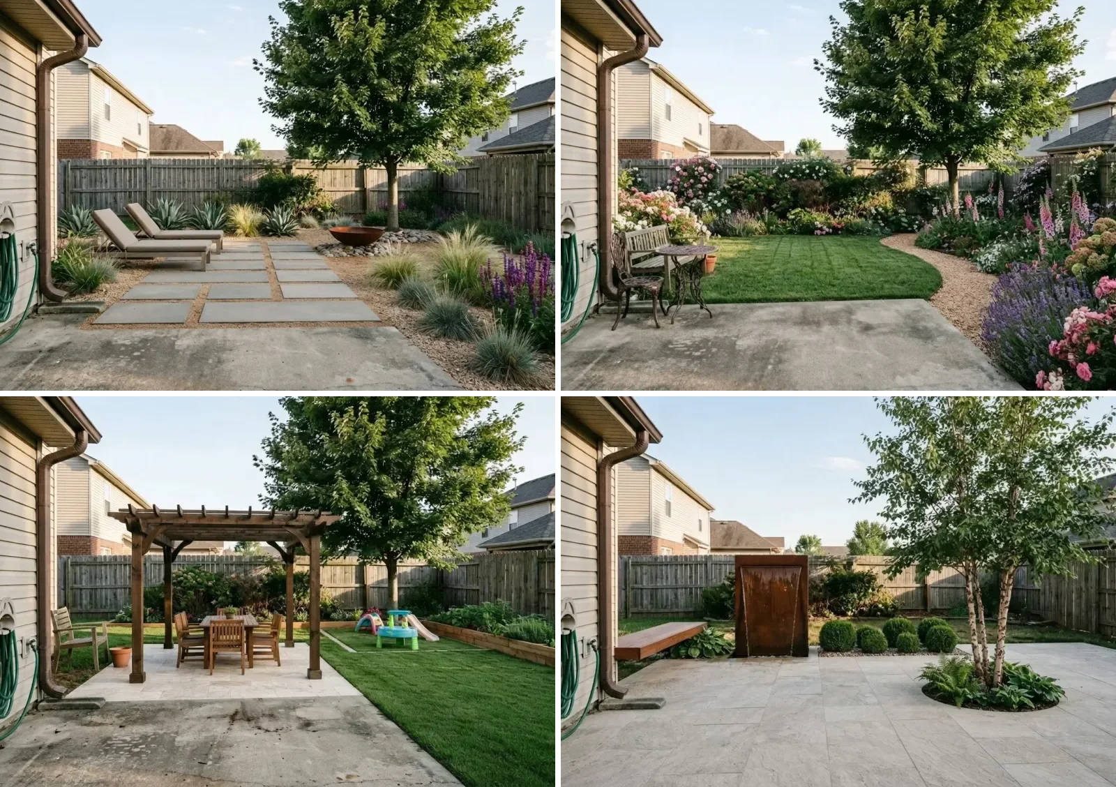 Four renders of the same backyard: modern gravel garden, lush cottage borders around a lawn, a family yard with a pergola dining patio and a raised bed, and a minimal courtyard with a corten water feature