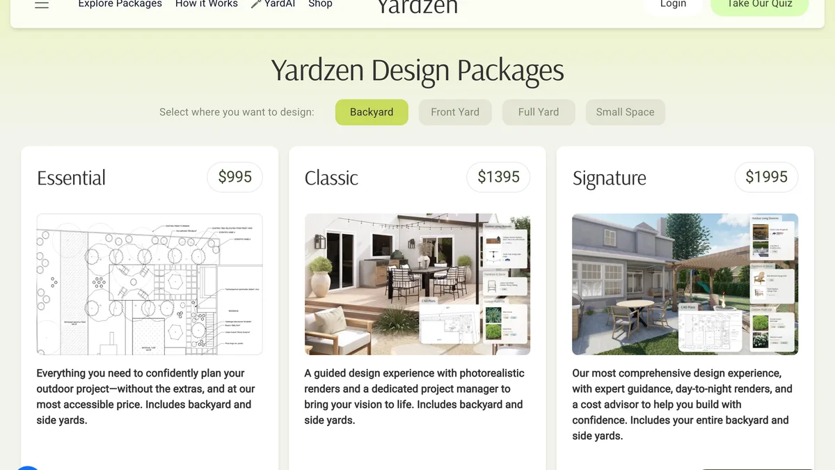 Yardzen design packages page with the backyard tab selected, showing Essential at 995 dollars, Classic at 1,395 and Signature at 1,995