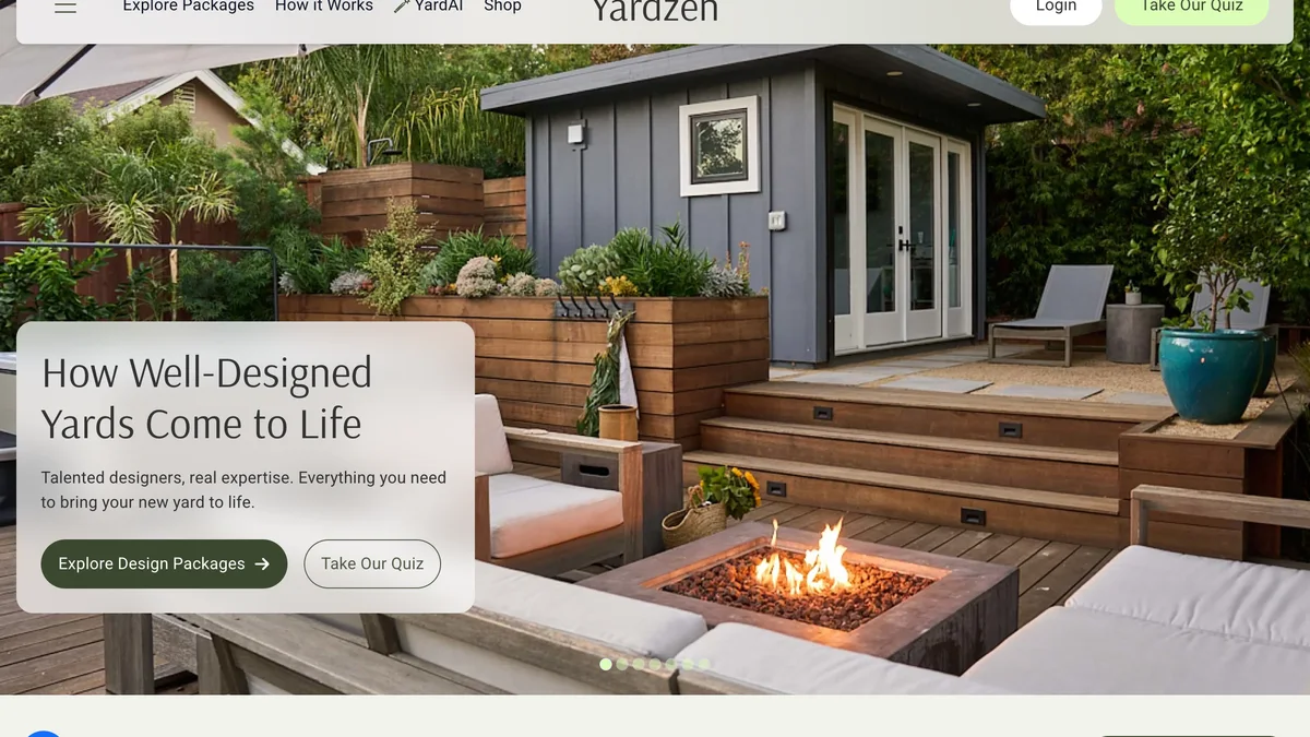 Yardzen homepage promoting online landscape design with photorealistic renders and build-ready plans
